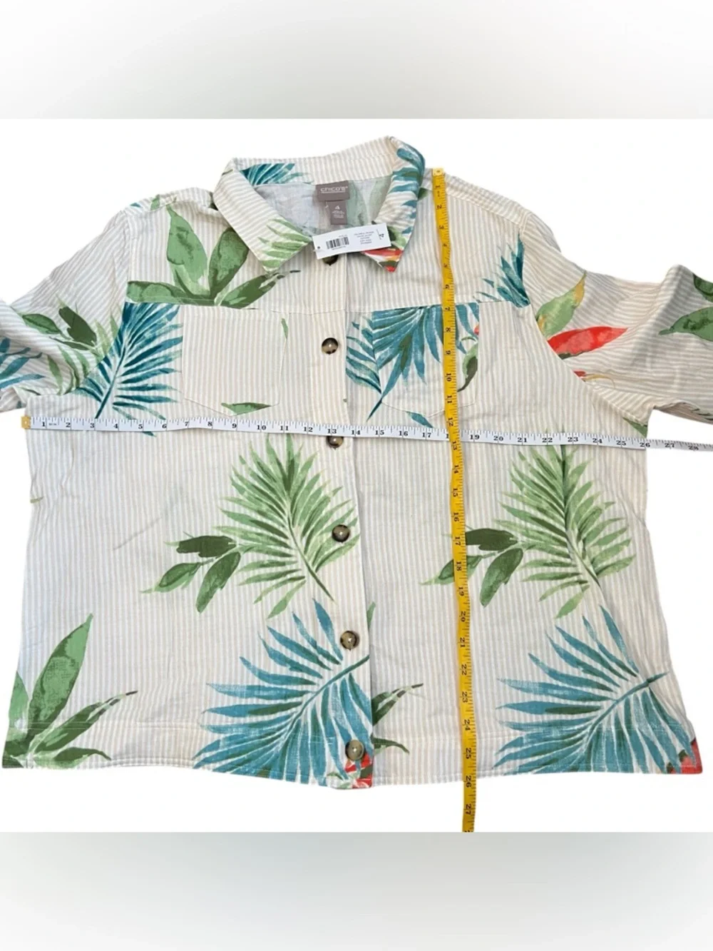 Chicos NWT Tropical Palm Leaf Striped Button Down Top Size 4